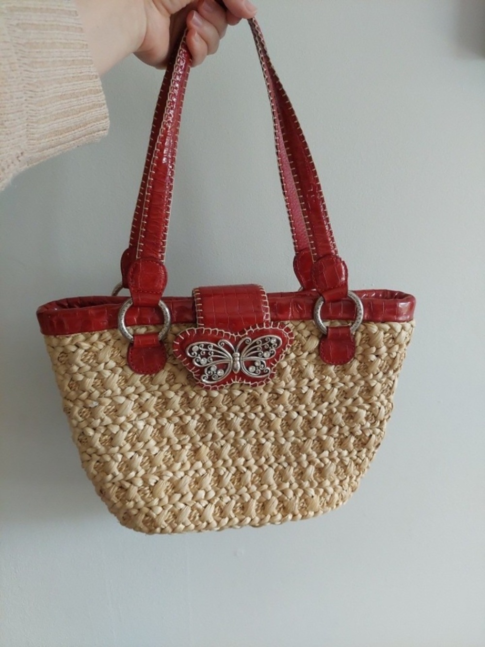 Brighton Straw Tote Bag Red Patent Leather Ladybug Charm Woven Shoulder Bag